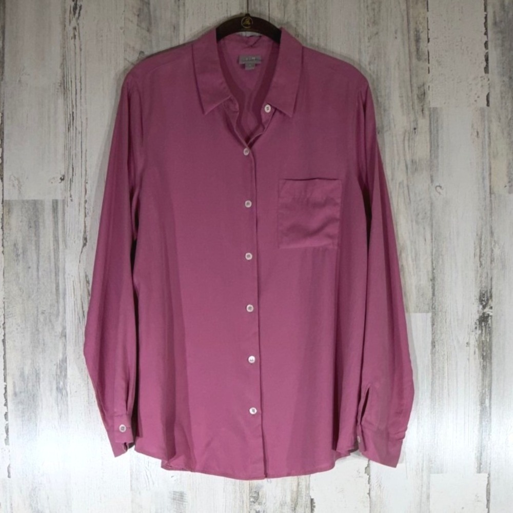 J Jill Silk Button Front Blouse Medium Rose Pink Pocket Office Business Flowy